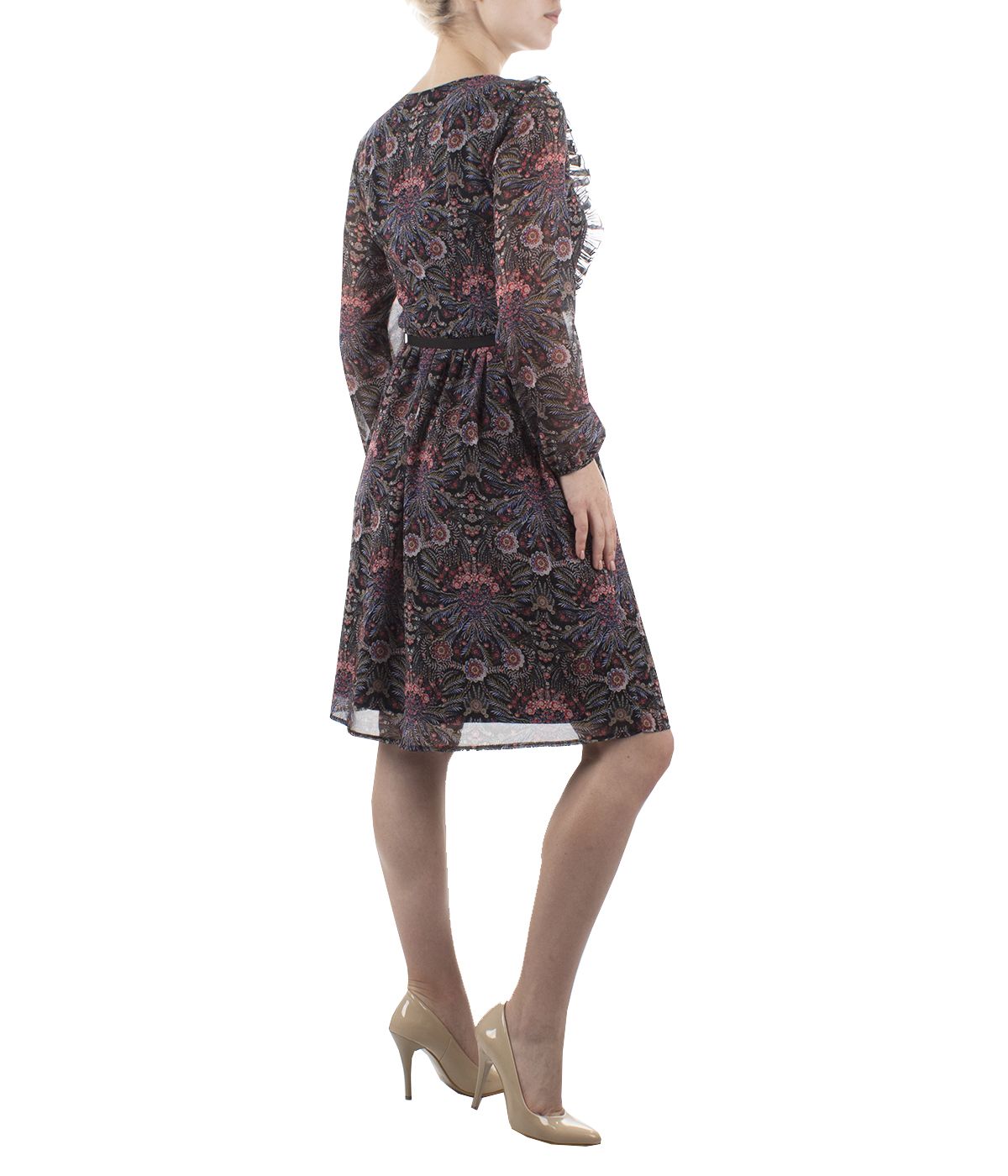 Chiffon dress with long sleeves, emphasized waist, with paisley print  5